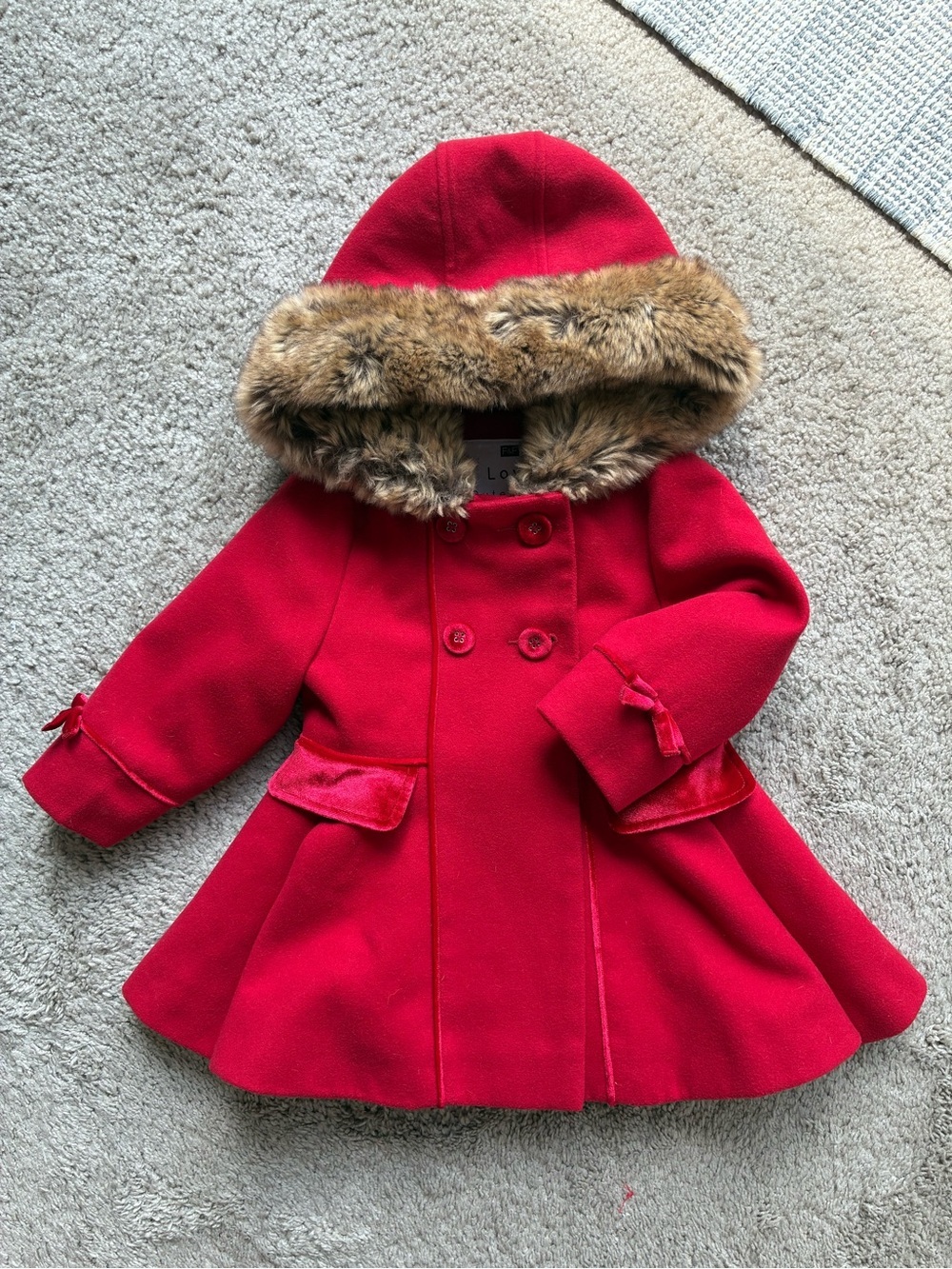 F&F Red Girls Hooded Double-Breasted Coat with Faux Fur Trim